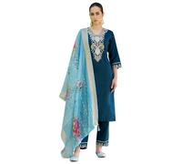 VredeVogel Ensemble Kurta brodé en viscose rayonne avec pantalon et organza pour femme, bleu, S