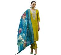 VredeVogel Ensemble Kurta brodé en viscose rayonne avec pantalon et organza pour femme, Citron, XL