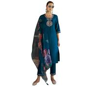 VredeVogel Ensemble Kurta en soie brodée avec pantalon et organza pour femme, Bleu sarcelle, XXL