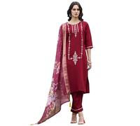 VredeVogel Ensemble Kurta en soie romaine brodée avec pantalon et organza pour femme, bordeaux, L