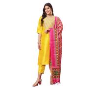 VredeVogel Ensemble pantalon Kurta en soie mélangée avec broderie en soie Dupatta pour femme, jaune, S