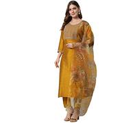 VredeVogel Ensemble pantalon Kurta et dupatta brodés en coton mélangé pour femme, moutarde, Small