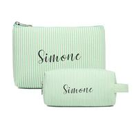 VRFASHION Trousse de maquillage personnalisée en seersucker avec nom brodé, sac à maquillage initiale personnalisé, 2 pièces, cadeau d'anniversaire pour femme, vert