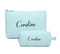 VRFASHION Trousse de maquillage personnalisée en seersucker avec nom brodé, sac à maquillage initiale personnalisé, 2 pièces, cadeau d'anniversaire pour femme, bleu