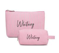 VRFASHION Trousse de maquillage personnalisée en seersucker avec nom brodé, sac à maquillage initiale personnalisé, 2 pièces, cadeau d'anniversaire pour femme, rose