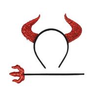 Vriusi Bandeau à paillettes avec cornes de diable - Accessoires de costume de diable avec fourchette - Serre-tête avec boutons et cornes de diable - Décoration d'Halloween - Bandeau oreilles de diable