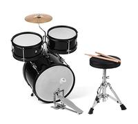 Vroomoto Ensemble de Batterie Junior Kit de Batterie pour Débutants Instrument Percussion 3 Pièces Ensemble pour Enfants Bass Snare Tom Cymbal avec Tabouret Réglable et (Noire)