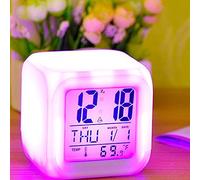 Vroomoto Réveil Numérique, LED 7 Couleurs, Cube D'affichage de la | Utilisation sur Table, Utilisation en Voyage, Thermomètre, Celsius Fahrenheit, Format 12 ou 24 Heures, 8 Sons D'alarme,