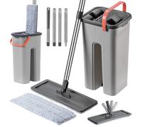 KADAX Ensemble de Nettoyage avec Balai de Lavage Plat à Manche Long, Seau Essoreur à Double Compartiment et Deux Housses Serpillières en Microfibre (Gris)