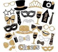 Vroxdrez Kit Photobooth Anniversaire 30 Pcs Accessoires de Photo de Fête Drôles pour Mariage Décoration Soirée Accessoires d’Anniversaire Enfant Adulte Thème Or