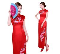 VRTTAA Robe Chinoise pour Femme - Été Col Montant Imprimé Floral Satin Cheongsam Plus La Taille Sexy Côté Split Robe De Soirée De Style Chinois Élégante Droite Qipao, Rouge, XXL