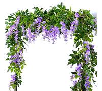 Vrttlkkfe Lot de 2 glycines artificielles de 2, 1 m - Guirlande de fleurs de glycine en rotin - Fleurs à suspendre pour cérémonie en plein air - Violet Vert et Violet