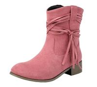 Vrupons Bottines à franges pour femme - Hauteur de la tige : 17 cm - Talon plat de 3 cm - En daim synthétique - Design à enfiler - Style vintage, Rose, 42 EU