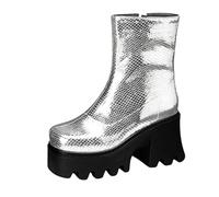 Vrupons Bottines à plateforme métalliques pour femme | Hauteur de semelle 8,5 cm | Hauteur de tige 17 cm | Bout carré | Fermeture éclair latérale | Semelle antidérapante, Répartiteur, 41 EU