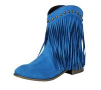 Vrupons Bottines à pompons pour femme - Hauteur de la tige : 17 cm - Talon bloc de 3,5 cm - Design à enfiler - Daim synthétique - Style vintage, bleu, 42 EU