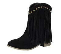 Vrupons Bottines à pompons pour femme - Hauteur de la tige : 17 cm - Talon bloc de 3,5 cm - Design à enfiler - Daim synthétique - Style vintage, Noir , 45 EU