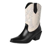 Vrupons Bottines western pour femme | Design brodé, talon bloc de 6 cm et doublure respirante pour le quotidien et les fêtes rétro, beige, 37 EU