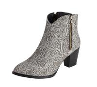 Vrupons Bottines Western pour femme - Talon bloc de 5,5 cm avec fermeture éclair latérale - Design floral - Doublure en fourrure synthétique, gris, 45 EU