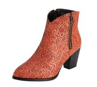 Vrupons Bottines Western pour femme - Talon bloc de 5,5 cm avec fermeture éclair latérale - Design floral - Doublure en fourrure synthétique, Orange, 40 EU
