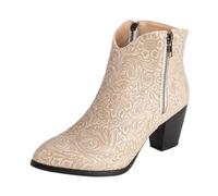 Vrupons Bottines Western pour femme - Talon bloc de 5,5 cm avec fermeture éclair latérale - Design floral - Doublure en fourrure synthétique, beige, 45 EU