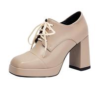 Vrupons Chaussures à plateforme | Talon de 9,5 cm & plateau de 2 cm Oxford avec lacets rétro embout carré antidérapant, beige, 38 EU