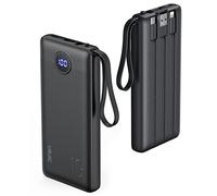 VRURC Batterie Externe avec Câble Intégré, 10000mAh Power Bank USB C 5 Sorties 2 Entrées, Ultra Mince Batterie Portable l' Ecran LED Compatible avec iPhone Samsung Android iPad (Noir)