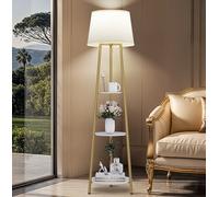 Vrygle Lampadaire Trépied avec 3 Étagères: lampadaire sur pied en Métal LED avec 3 Températures de Couleur, Lampe sur Pied avec Abat-Jour en Lin pour Salon, Chambre, Bureau, 35.5x150cm