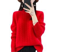 Vsadsau - Chandail en laine mérinos 100 % pour femmes, col ras-du-cou torsadé, tricot épais et chaud, hauts à manches longues, Rouge de Noël., XXL