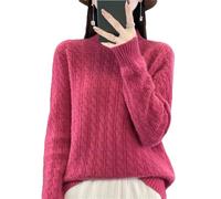 Vsadsau - Chandail en laine mérinos 100 % pour femmes, col ras-du-cou torsadé, tricot épais et chaud, hauts à manches longues, framboise, XL