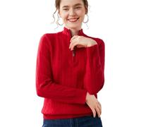 Vsadsau Pull en tricot torsadé à manches longues pour femme 100 % cachemire col montant demi-fermeture éclair, bordeaux, L