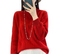 Vsadsau Pull épais torsadé à col montant pour femme 100 % laine mérinos doux et chaud en cachemire, Rouge, XL