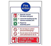 vsafety 12012 an-s Fire Action Sign, Assemblée Fire Action/Break en verre, autocollant, Portrait, 150 mm x 200 mm, bleu/vert/rouge