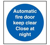VSafety 18014AF-S Automatic Fire Door Keep Clear Close At Night Panneau obligatoire En vinyle autocollant Carré 100 mm x 100 mm Bleu