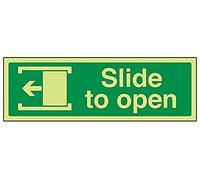 Vsafety 22012 Axe-g "Slide pour ouvrir gauche" Safe Condition Panneau de porte, brillent dans le noir, 1 mm Plastique, paysage, 300 mm x 100 mm, Vert