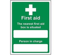 vsafety 31010 an-r "The First Aid Box est situé près Panneau « First Aid Assemblée, en plastique rigide, Portrait, 150 mm x 200 mm, vert