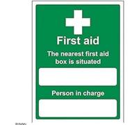 vsafety 31010 an-s "The First Aid Box est situé près Panneau « First Aid Assemblée, autocollant, Portrait, 150 mm x 200 mm, vert