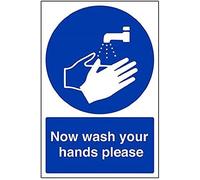 vsafety 43008 au-r obligatoire Panneau Assemblée, en plastique rigide, NOW Wash Your Hands Veuillez, Portrait, 200 mm x 300 mm, bleu