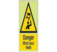 Vsafety 63014 cartouche An-g "Danger Mind Your Head" mise en garde général des Signes, brillent dans le noir, 1 mm Plastique, portrait, 150 mm x 200 mm, Noir/jaune