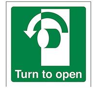 Vsafety Panneau autocollant en vinyle avec inscription « Turn to open » - Carré - 100 mm x 100 mm