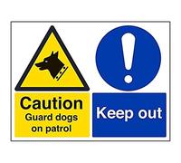 vsafety Signes 67067bf-r Panneau d'avertissement "Attention Garde Chiens sur Patrol/Keep Out Building, 1 mm en plastique rigide, paysage, 400 mm x 300 mm, noir/bleu/jaune