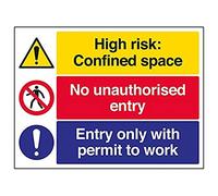 VSafety Signs - 6C025BF-S - Panneau d'avertissement de chantier de construction - Autocollant - Espace confiné/Interdiction d'entrée non autorisée/permis de travail - 400 x 300 mm - Lot de 3