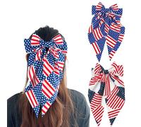 Vsdski Lot de 2 barrettes à cheveux pour femme avec nœud - 4 juillet et fête, ruban à cheveux patriotique à longue queue, pinces crocodiles antidérapantes