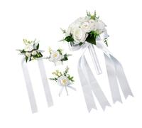 Vseutiac 4 Pièces Bouquet de Mariée Arrangement Floral Set Floral Noces Composition Soignée Rubans Doux Perles Fleurs Artificielles Feuillage Abondant avec