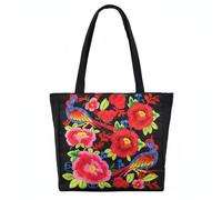Vseutiac Sac Brodé Pivoine Oiseau en Toile Robuste Large Capacité Indispensables Fermeture à Glissière Protectrice Rangement Interne pour Téléphone, Rouge, Cent+Fleurs