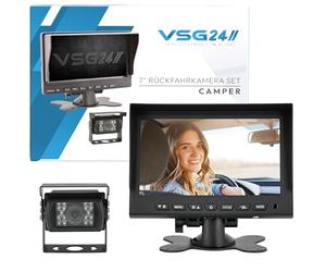 VSG24 24100 - Ensemble de démarrage pour Camping-Car 7", système de recul, Ensemble de caméras avec câble de 20 m, Vision Nocturne, Lignes de Distance, Objectif 120°, 12-24 V, IP67 - Noir