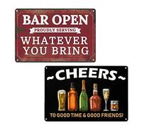 VSIIKO Lot de 2 panneaux amusants en métal « Bar Open and Cheers » - Décoration murale vintage pour homme - 20,3 x 30,5 cm