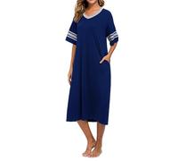 Vslarh Chemise de nuit douce à manches courtes et col en V pour femme avec poches Taille S à XXL, Bleu foncé, XL