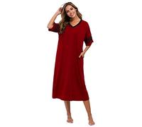 Vslarh Chemise de nuit douce à manches courtes et col en V pour femme avec poches Taille S à XXL, Bordeaux, XXL