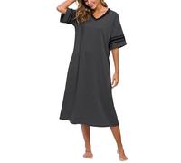 Vslarh Chemise de nuit douce à manches courtes et col en V pour femme avec poches Taille S à XXL, gris foncé, XL