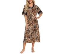 Vslarh Chemise de nuit douce à manches courtes et col en V pour femme avec poches Taille S à XXL, Léopard, S